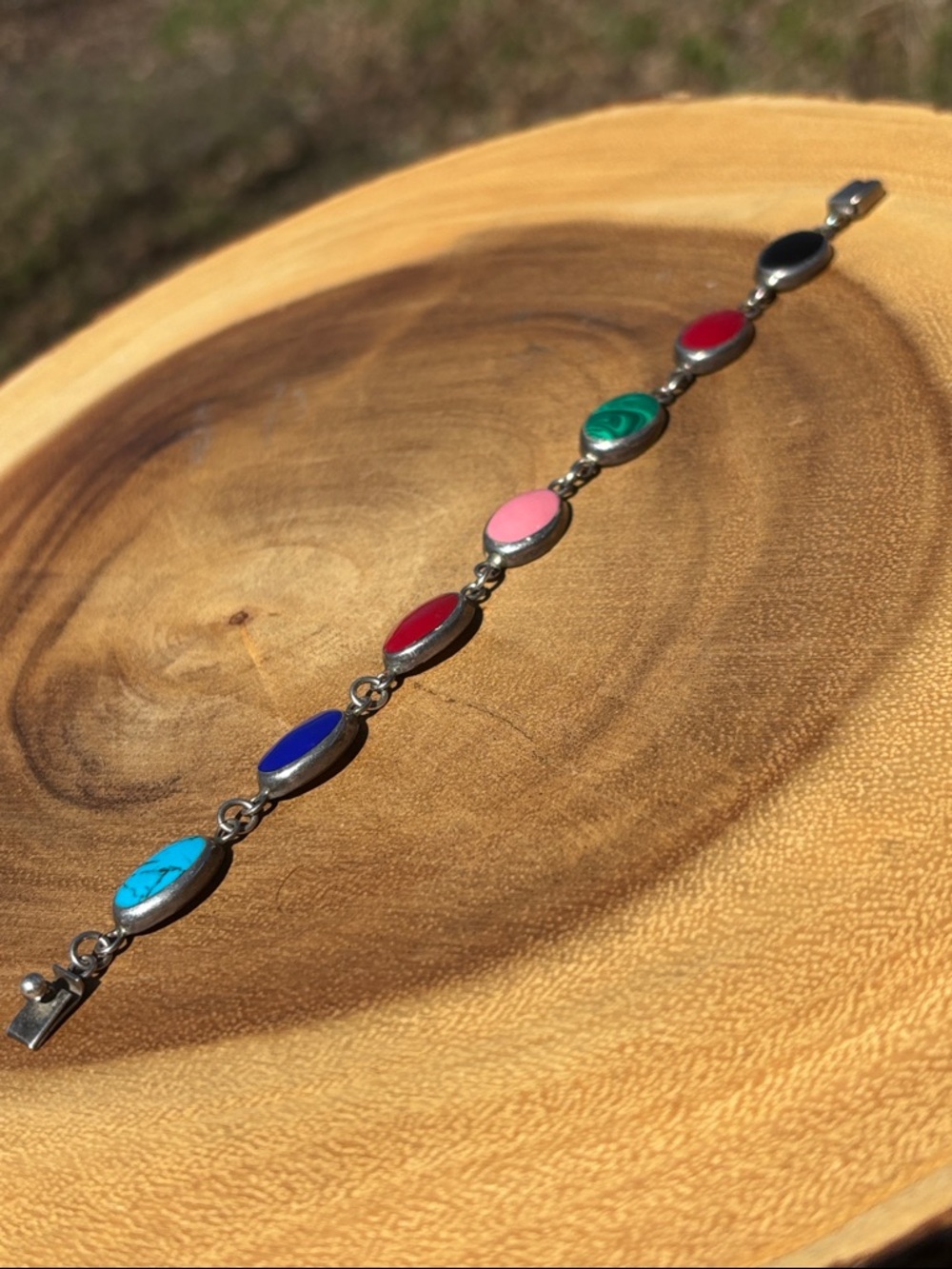 Multicolour Oval Stone Silver Link Bracelet Turquoise Lapis Malachite - Picture 4 of 4